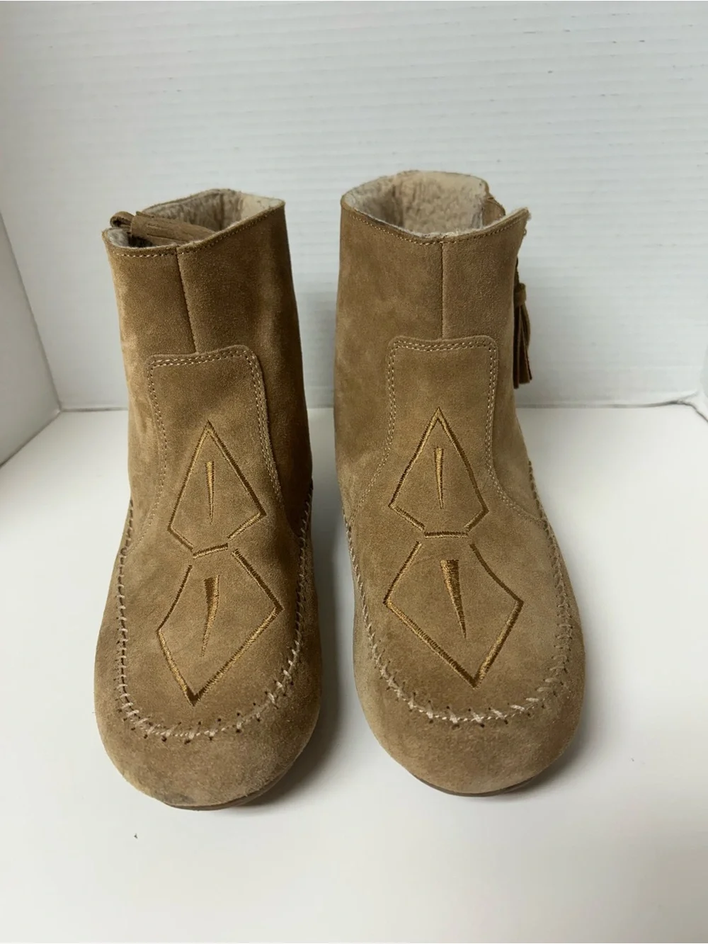 Sporto Joy Suede Moccasin Sport Ankle Boots Tan Chestnut Fringe Size 10 M